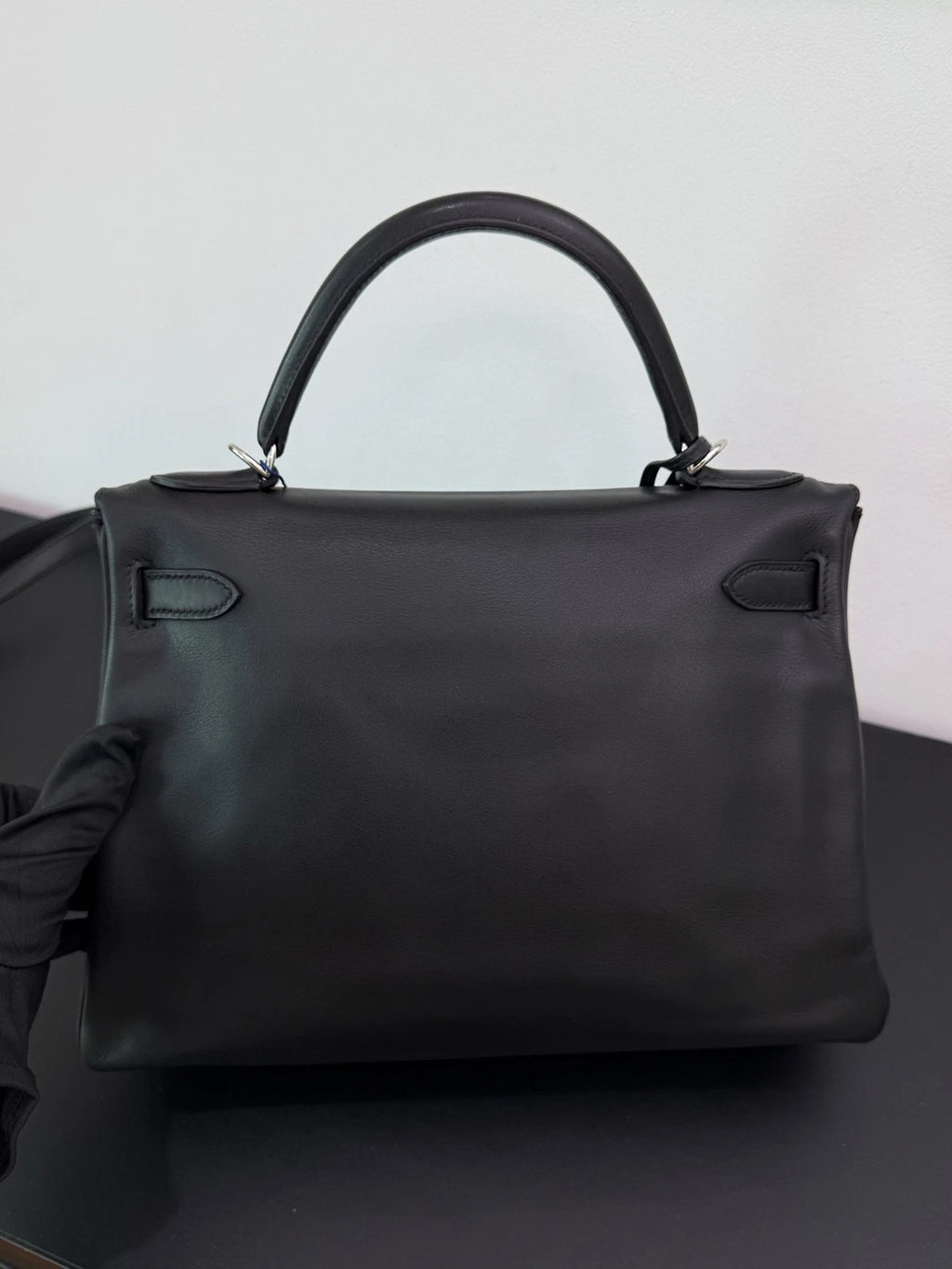 Hermes Kelly32 Evergrain Top Handle Bag Crossbody Black Silver Classic Women