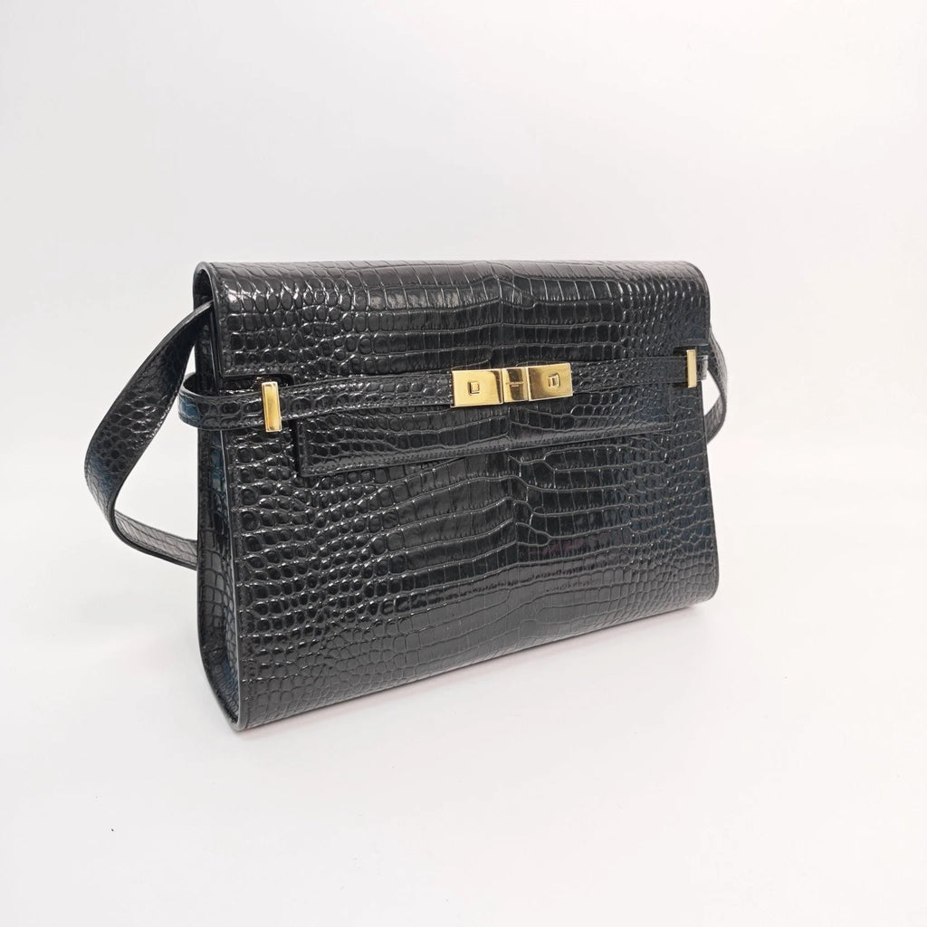 YSL Manhattan Medium Black Croc Embossed Leather Shoulder Bag Women