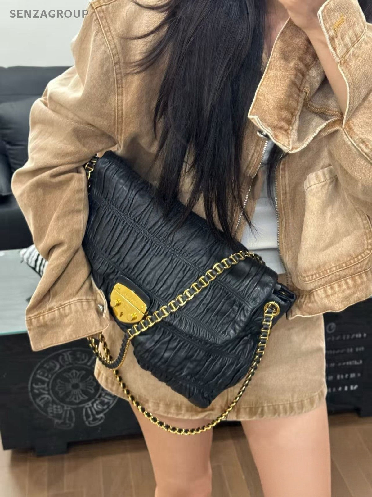 PRADA XXL Hobo Wrinkled patterns Chain Shoulder bag Black Gold Women