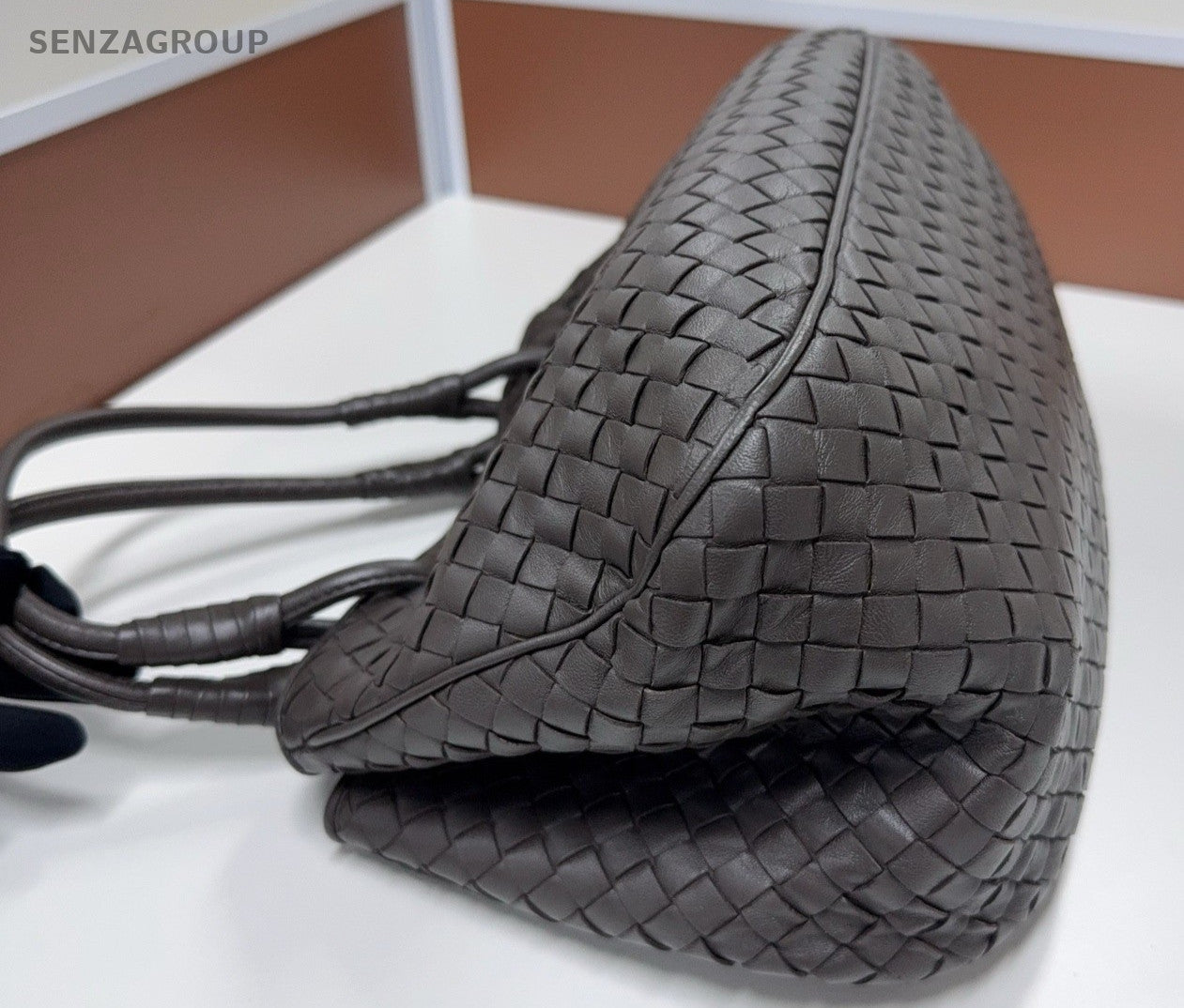 Bottega Veneta Lambskin Intrecciato Top Handle Shoulder Bag Gray Women