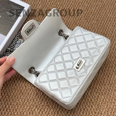 Chanel 2.55 Mini Lambskin Silver Quilted Chain Crossbody Bag