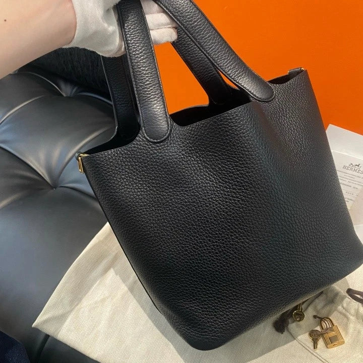 Hermes Picotin22 Togo Leather Top Handle Bag Black Gold Women Classic Fashion D
