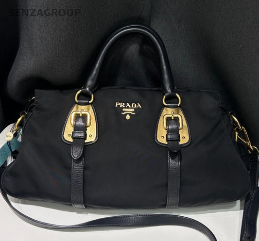 Prada Nylon 2Way Top Handle Bag Crossbody Black Gold Women Classic