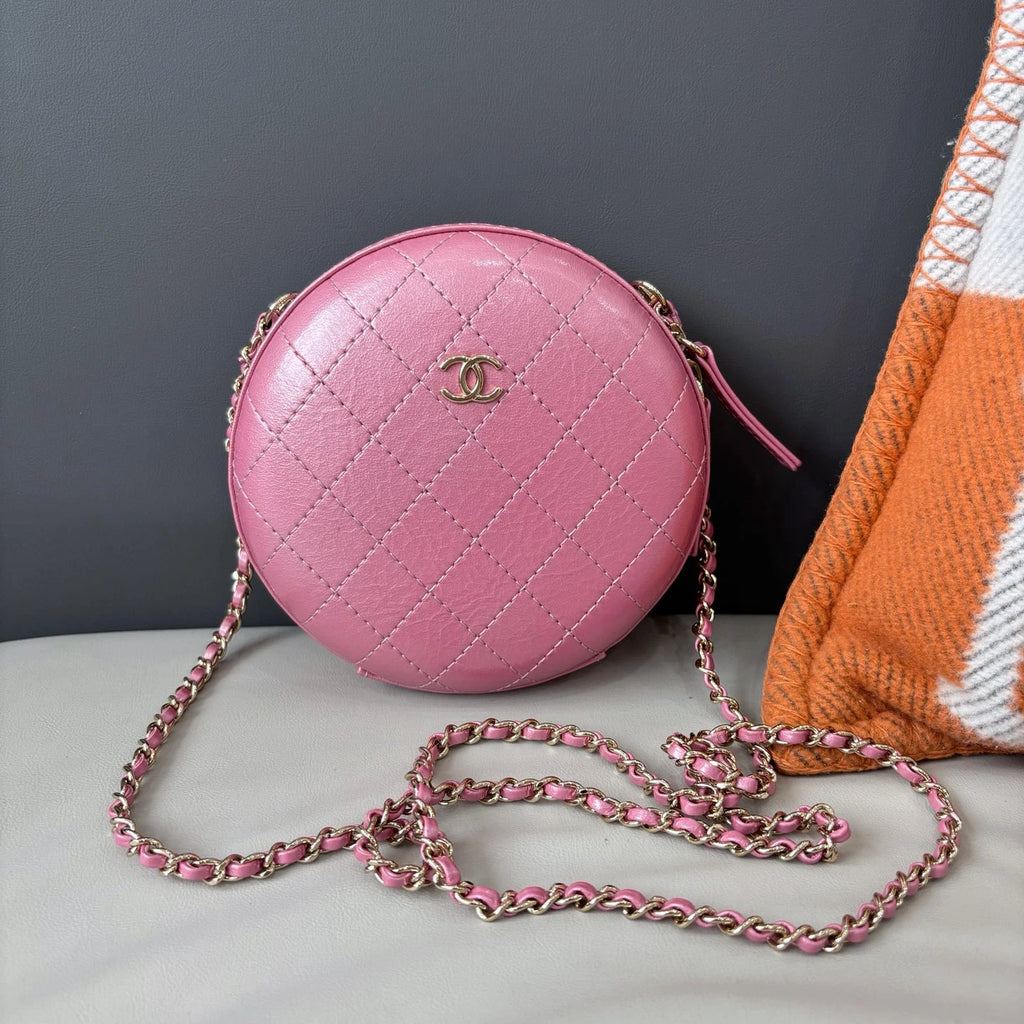 Chanel Diamond Chain Round Bag Crossbody Pink Gold Used Women Classic
