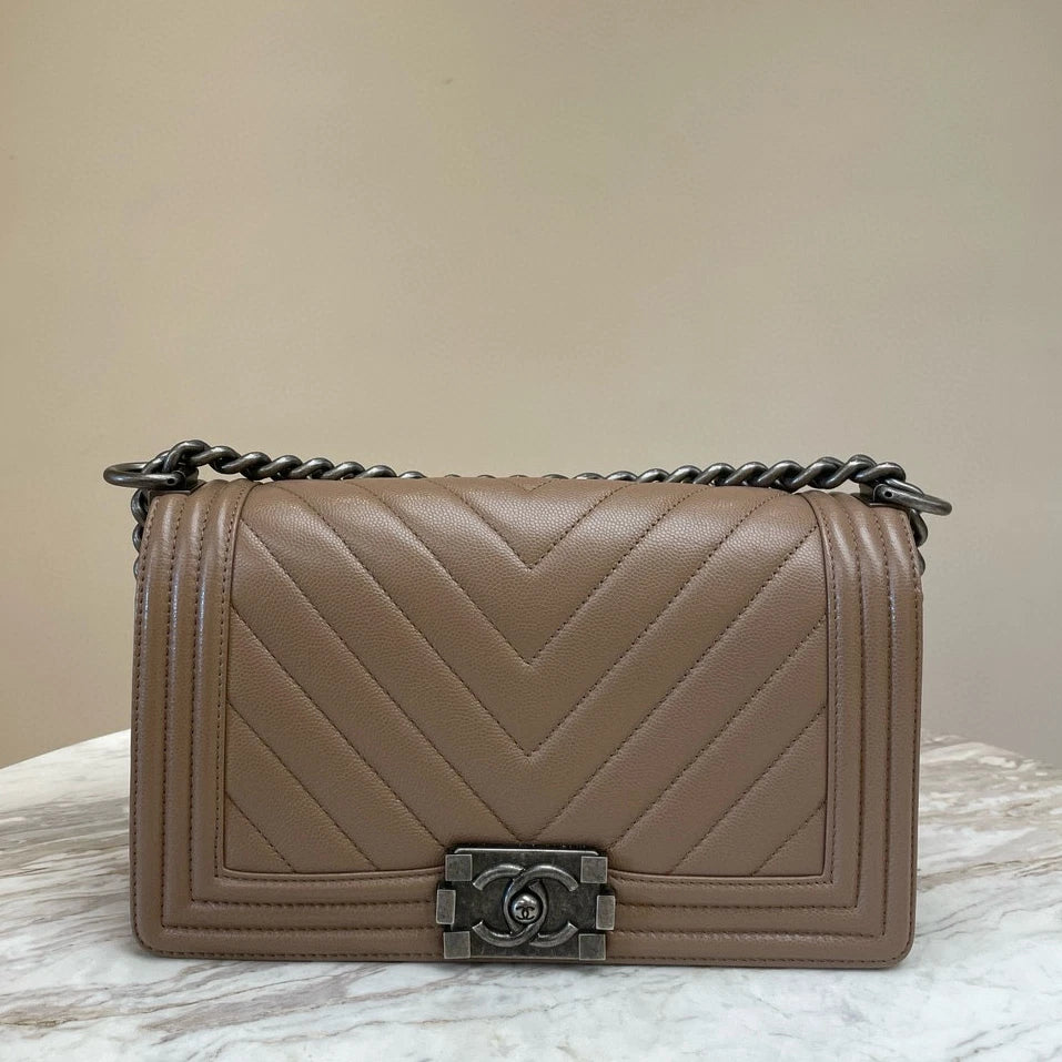Chanel Le Boy Medium Chain Shoulder Bag Brown Silver Chevron Classic