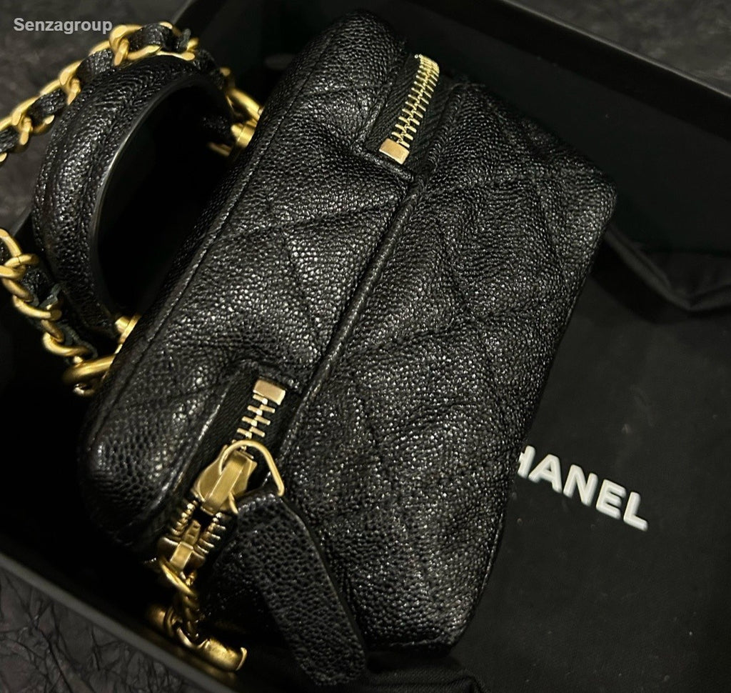 Chanel Diamond Mini Top Handle Chain Crossbody Black Gold Women Classic