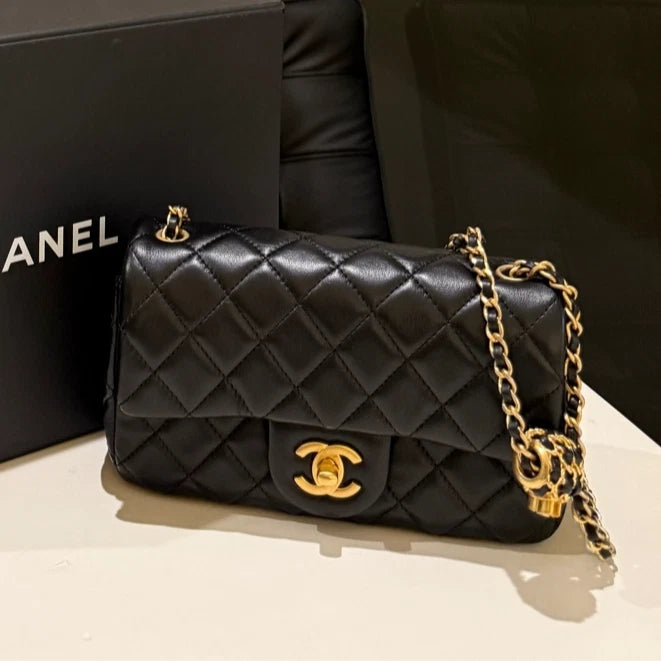 Chanel Classic Flap Mini Chain Shoulder Crossbody Women Diamond Black Gold Women