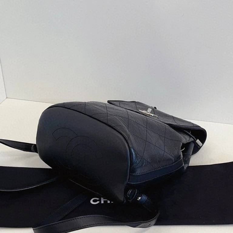 Chanel Diamond Backpack Black Silver Used Women Classic Fashion