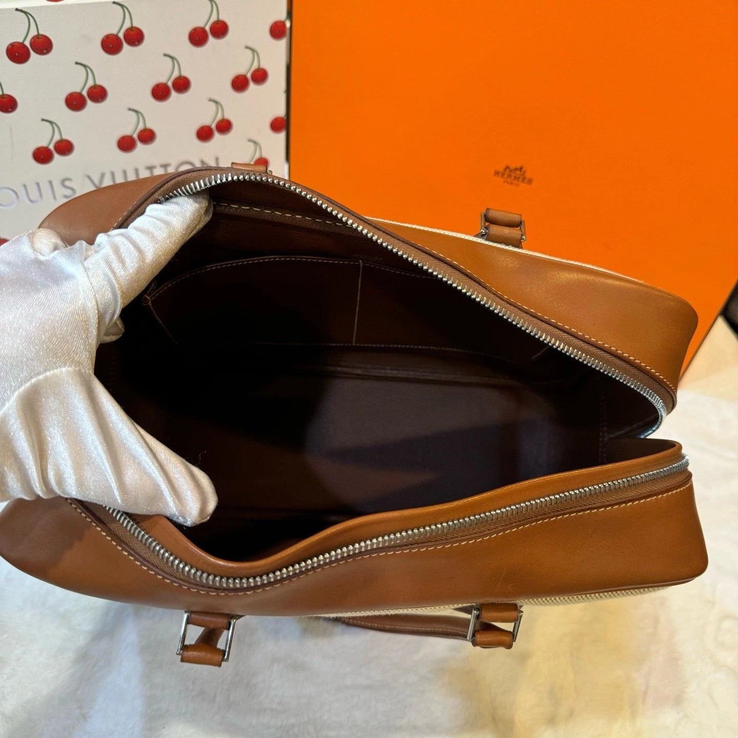 Hermes Plume32 Canvas Top Handle Shoulder Bag Beige Brown Silver Women Classic