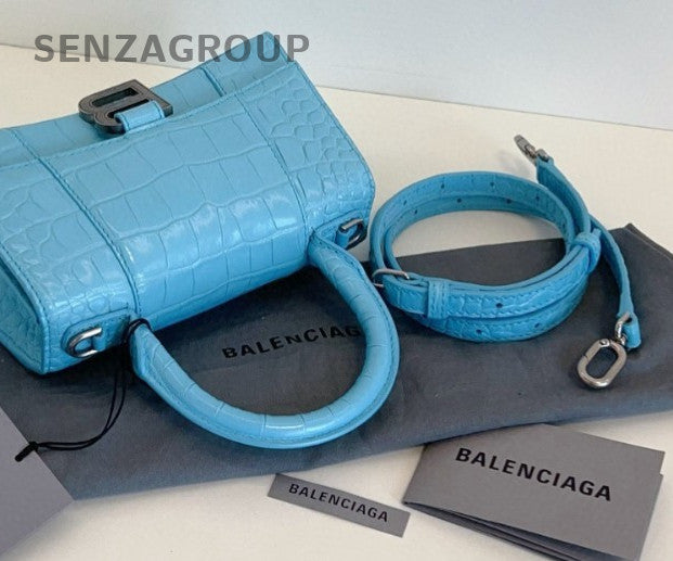 Balenciaga Hourglass 2Way Top Handle Bag Crossbody Blue Silver Women Classic