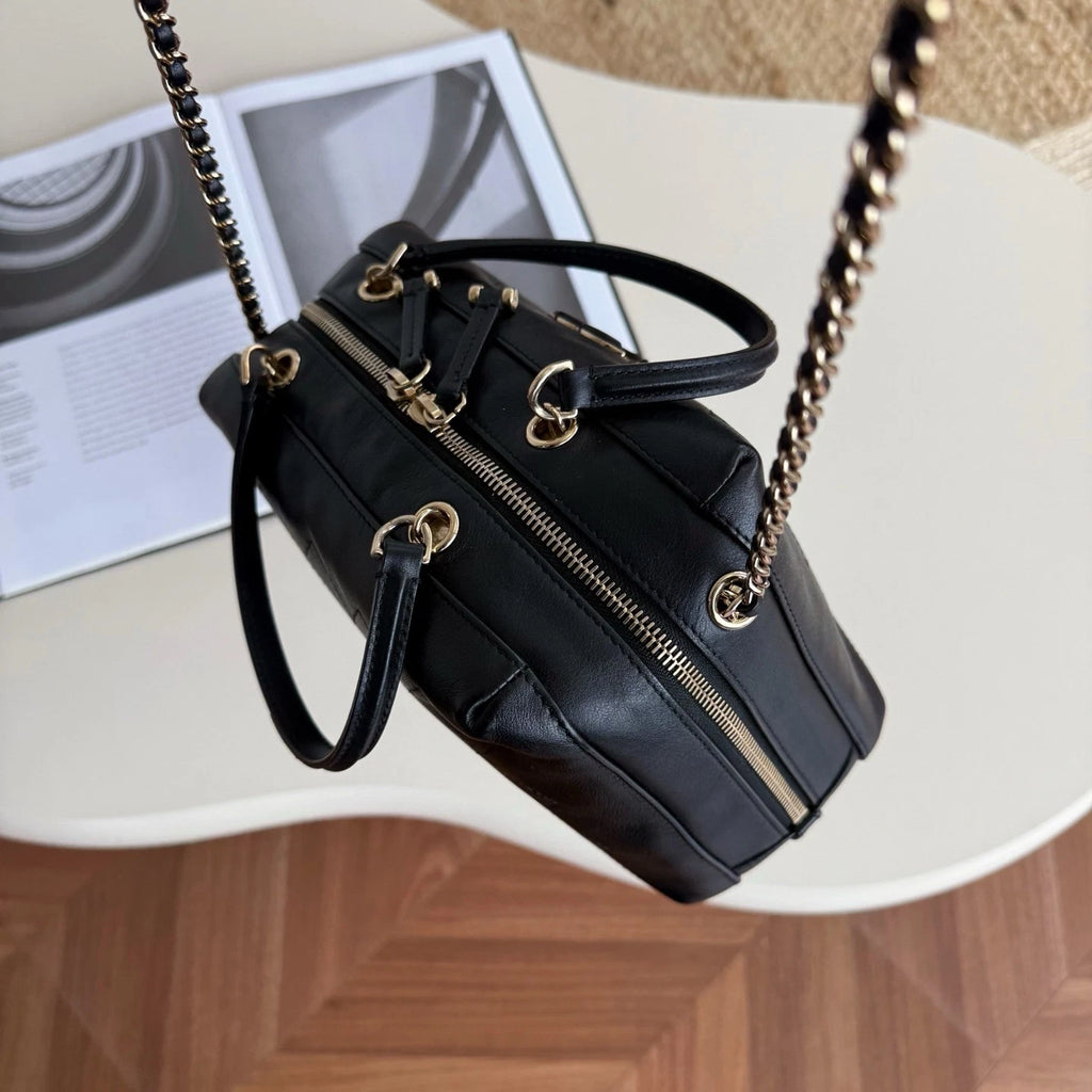 Chanel Bowling Calfskin Top Handle Chain Crossbody Black Gold Classic Women