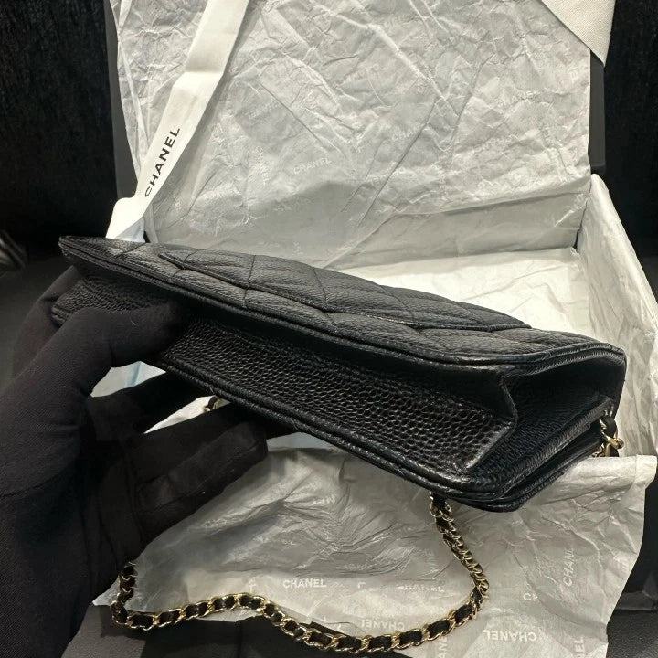 Chanel WOC Diamond Chain Shoulder Bag Crossbody Black Gold Women Classic D
