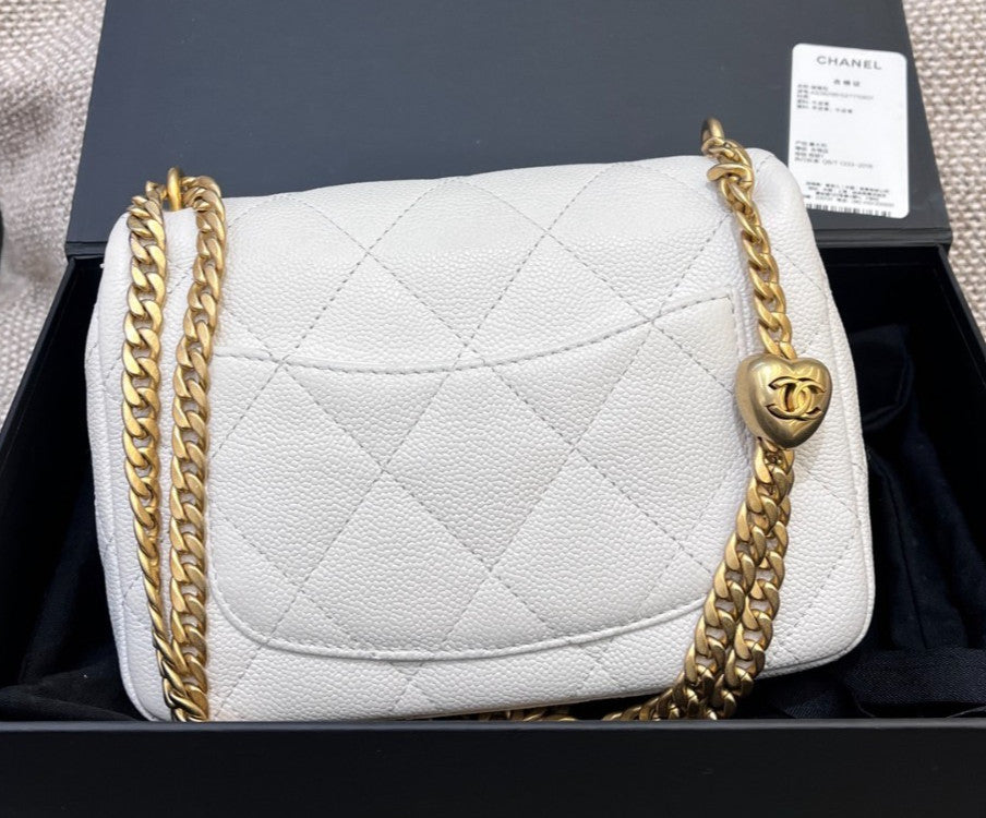 Chanel Classic Flap Calfskin Chain Shoulder Bag Crossbody White Gold Women