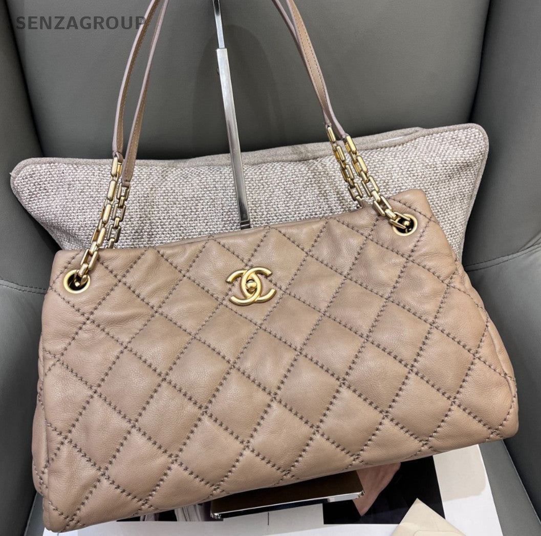 Chanel Diamond Chain Shoulder Bag Beige Gold Used Women Classic