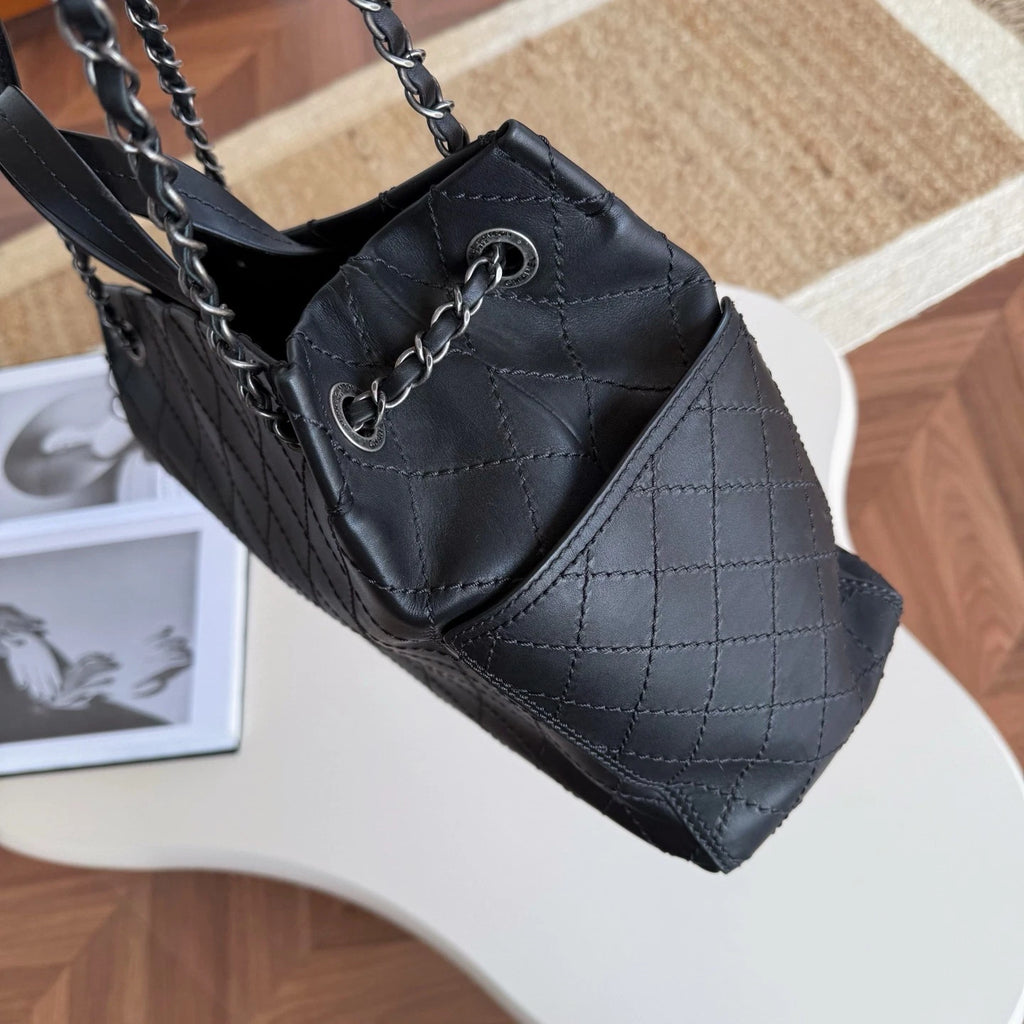 Chanel Diamond Calfskin Tote Chain Top Handle Shoulder Bag Black Silver