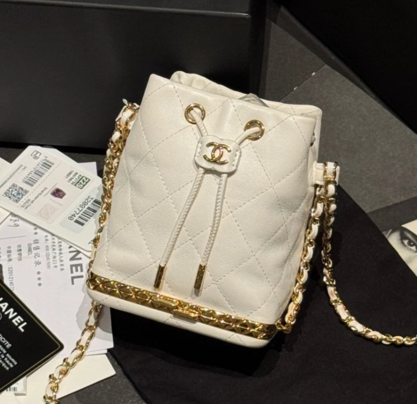 Chanel Small Bucket Diamond Shoulder Bag Crossbody White Women