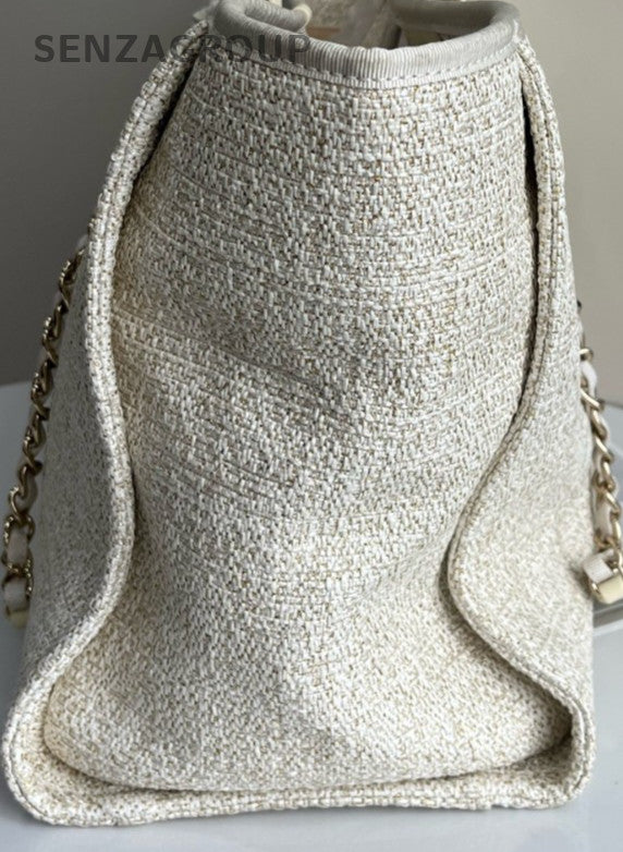 Chanel Fabric Deauvliie Canvas Tote Handbag Chain Shoulder Bag White Used Women