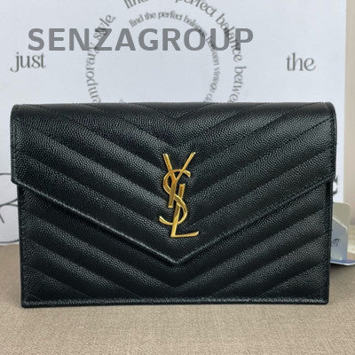 Saint Laurent YSL WOC Chain Envelope Bag Black Gold Women's Fashion