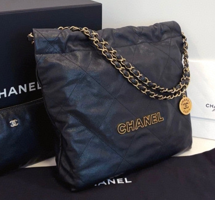 Chanel 22Bag PM Chain Shoulder Bag Black Gold Diamond Women Classic