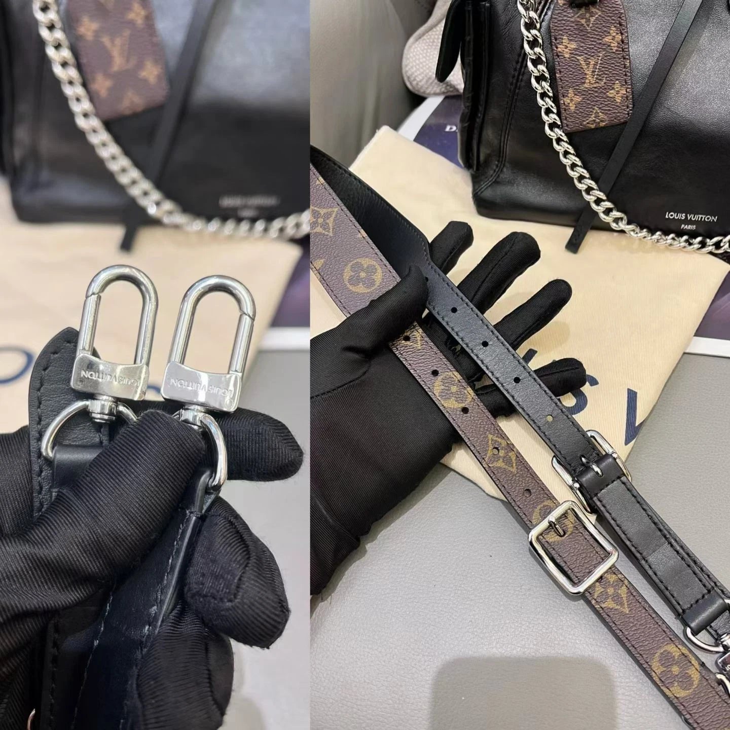 Louis Vuitton Carryall Lambskin Black Silver Shoulder Bag Crossbody Excellent