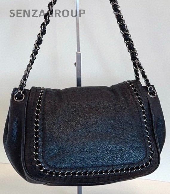 Chanel Lambskin Chain Shoulder Bag Black Silver Used Women Classic