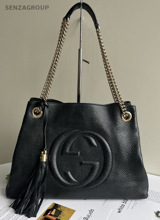 GUCCI SOHO GG Logo All Leather Chain Shoulder bag Black Women
