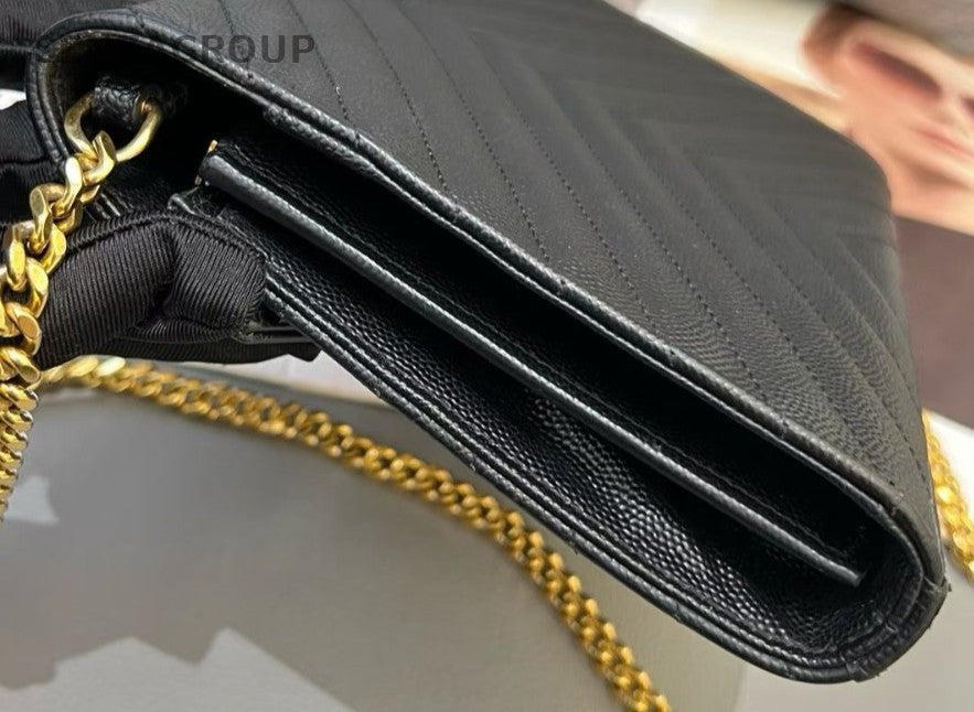 Saint Laurent WOC Calfskin Chain Shoulder Bag Black Gold Used Women Classic