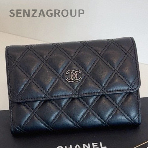 Chanel Diamond Wallet Black Silver Used Women Classic