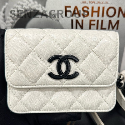 Chanel Black White Calfskin Chain Shoulder Crossbody Bag Classic Quilted