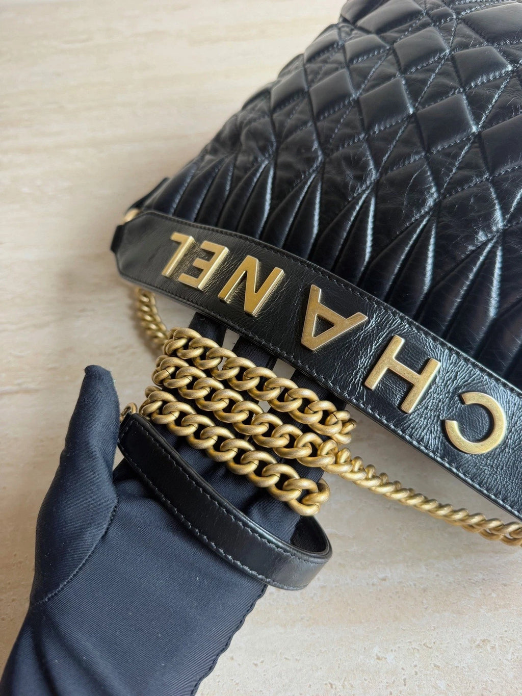 Chanel Calfskin Leather Diamond Black Handbag Gold Chain Crossbody