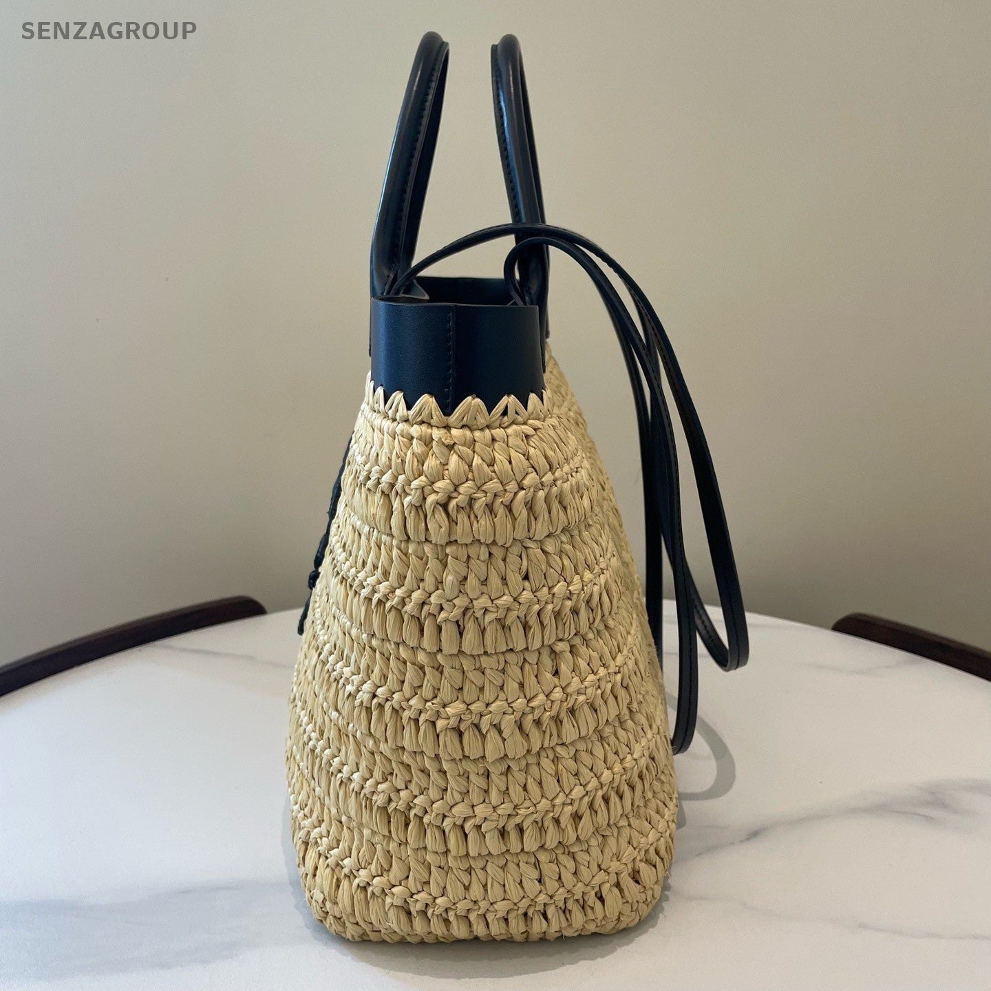 Prada Raffia Tote Top Handle Bag Beige Black Used Women Classic Fashion
