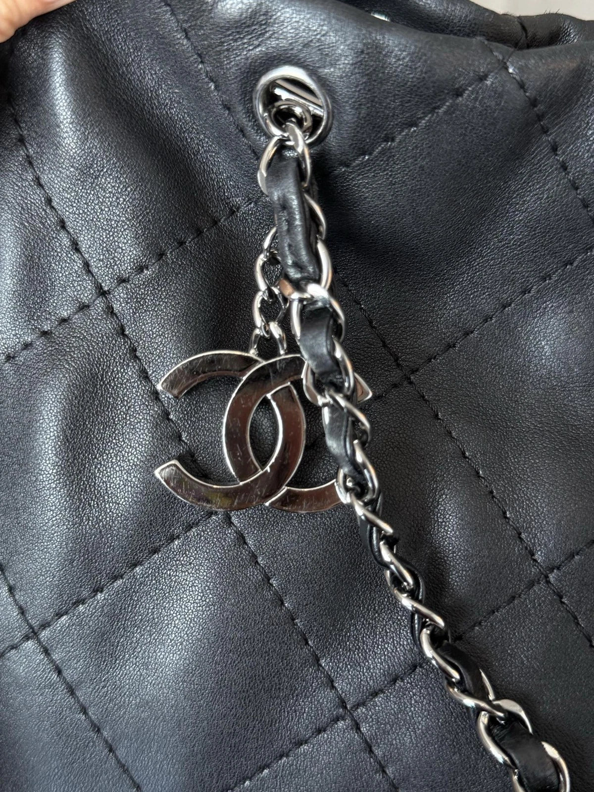 Authentic Chanel Tote Chain Top Handle Shoulder Bag Black Silver Hardware