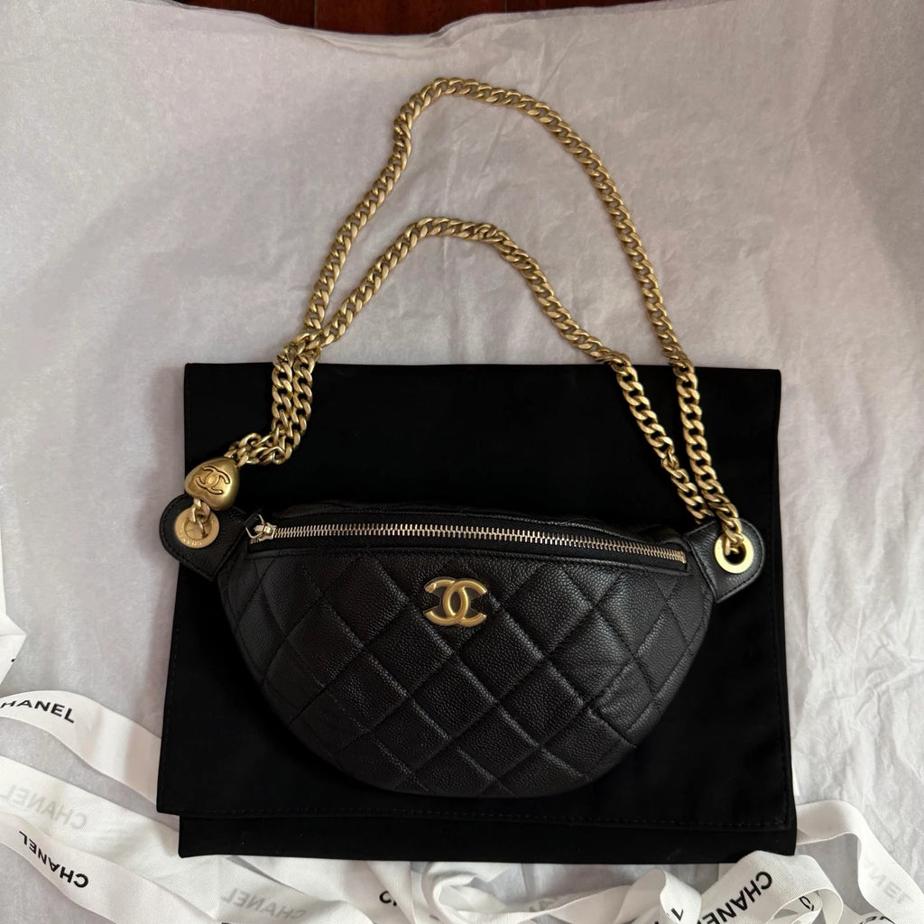 Chanel Diamond Chain Waist Bag Shoulder Crossbody Black Gold Diamond Women