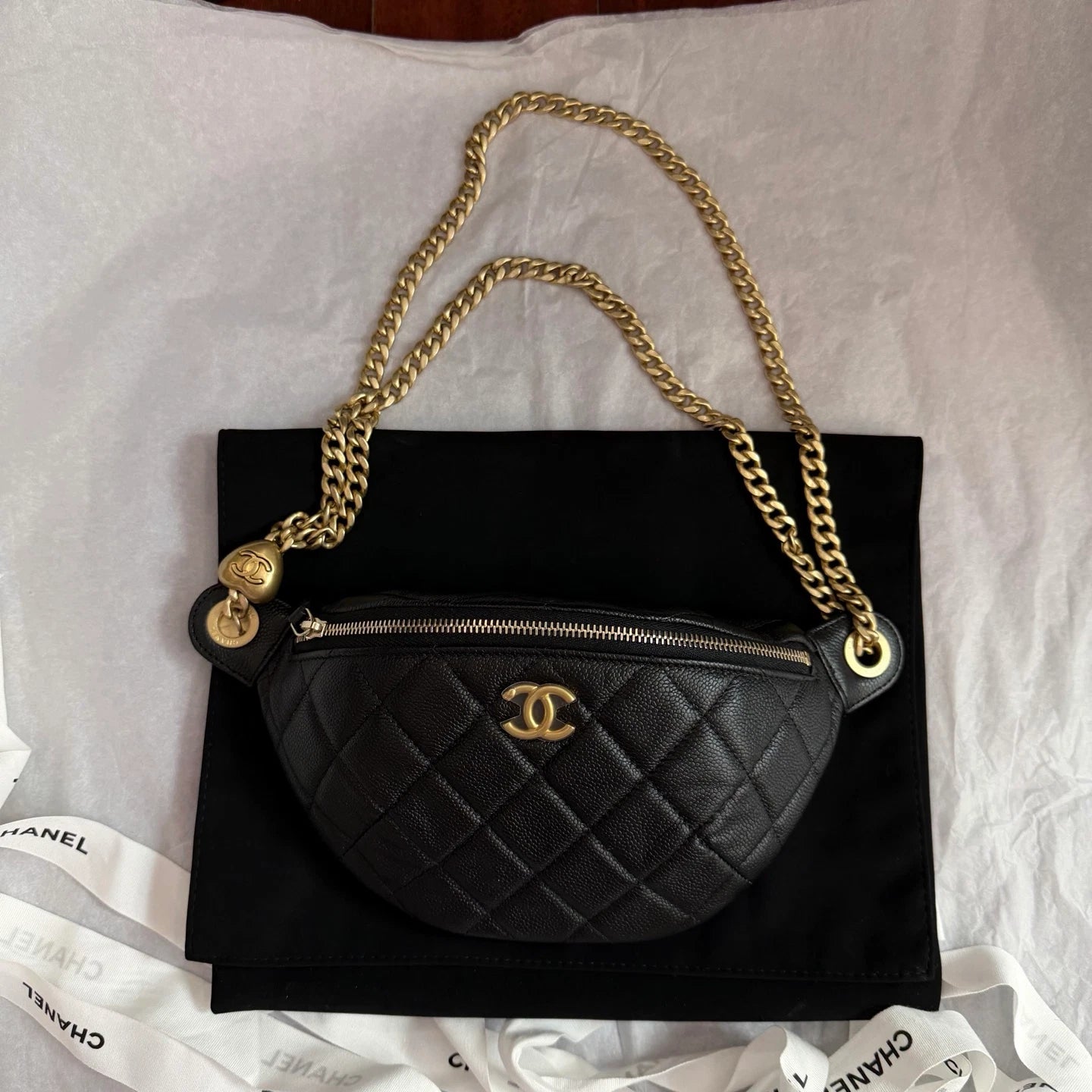 Chanel Diamond Chain Waist Bag Shoulder Crossbody Black Gold Diamond Women