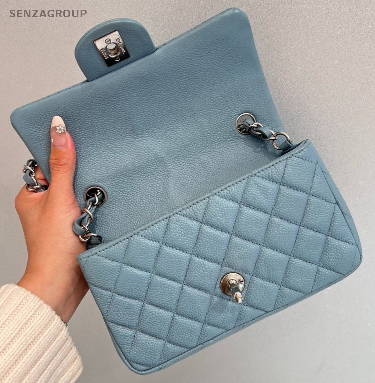 Chanel Classic Flap Mini Calfskin Chain Shoulder Bag Crossbody Blue Silver Women
