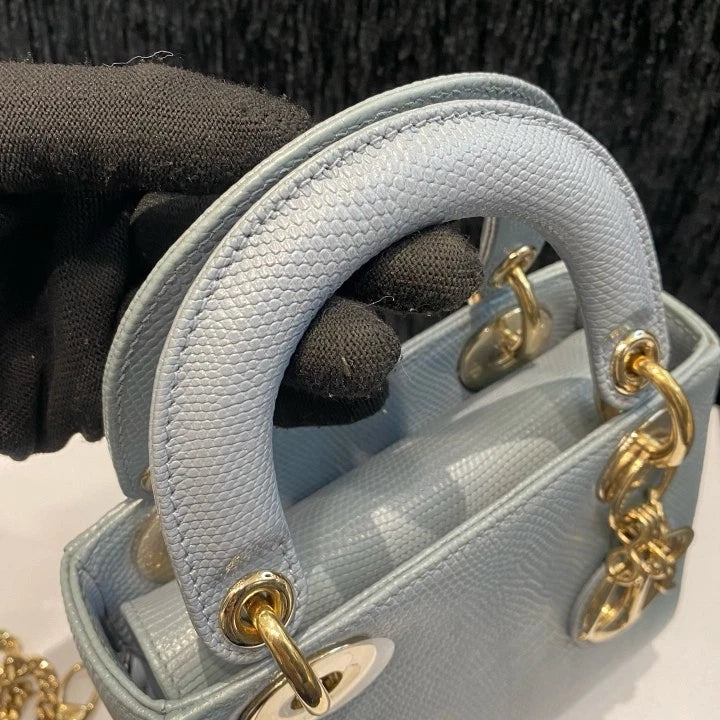 Dior Lady Dior Gold Gray Crossbody Top Handle Excellent