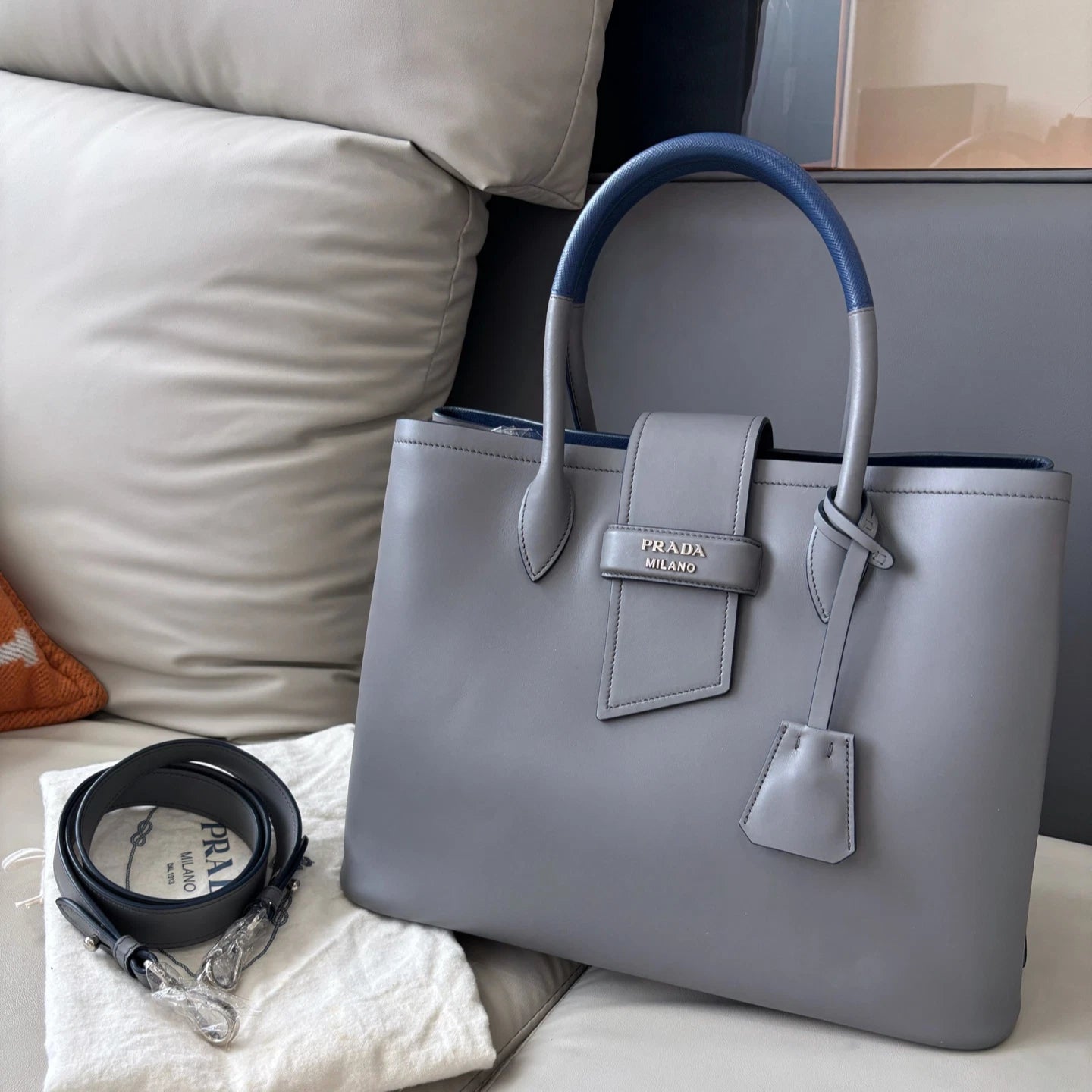 Prada Double Bag Calfskin Top Handle Shoulder Bag Gray Silver Women Classic