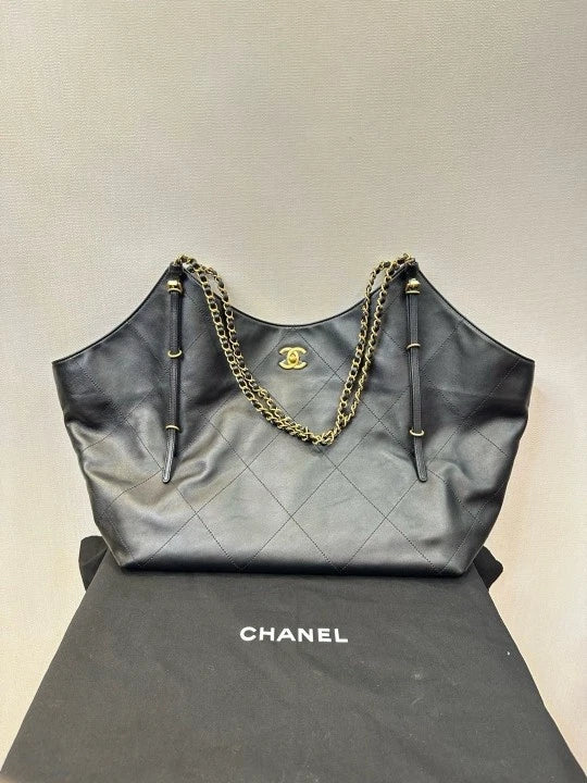 CHANEL 25s Maxi Tote Shopping Bag Black Gold Soft Calfskin Women