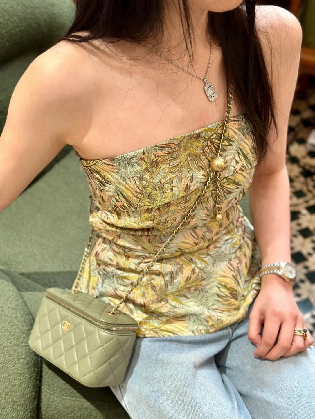 CHANEL Green Lambskin Long Vanity Box Shoulder Bag For Women