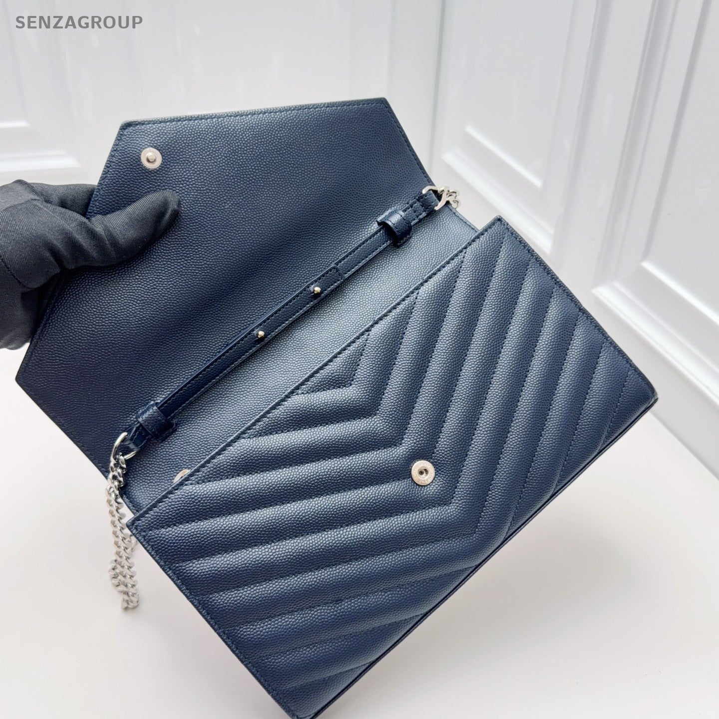 Saint Laurent Calfskin MM Chain Shoulder Bag Crossbody Blue Silver Women Classic
