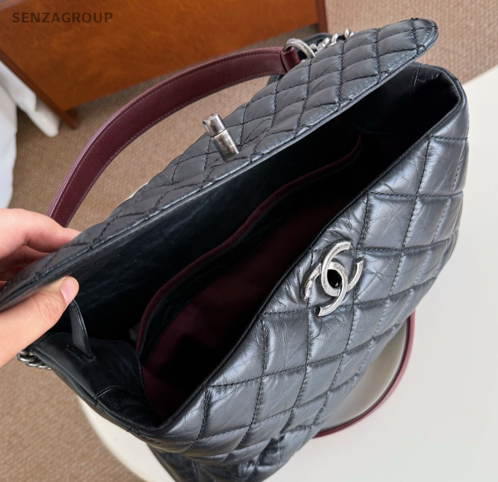 Chanel Calfskin Chain Diamond Top handle bag Shoulder Bag Black Silver Women