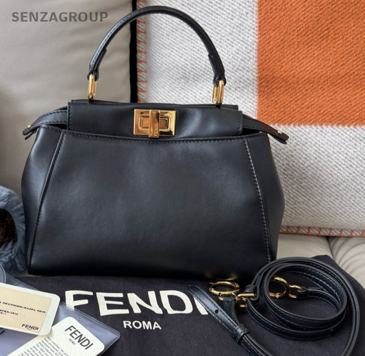 Fendi peekaboo PM Top Handle Shoulder Crossbody Bag Black Gold Almost Brand New