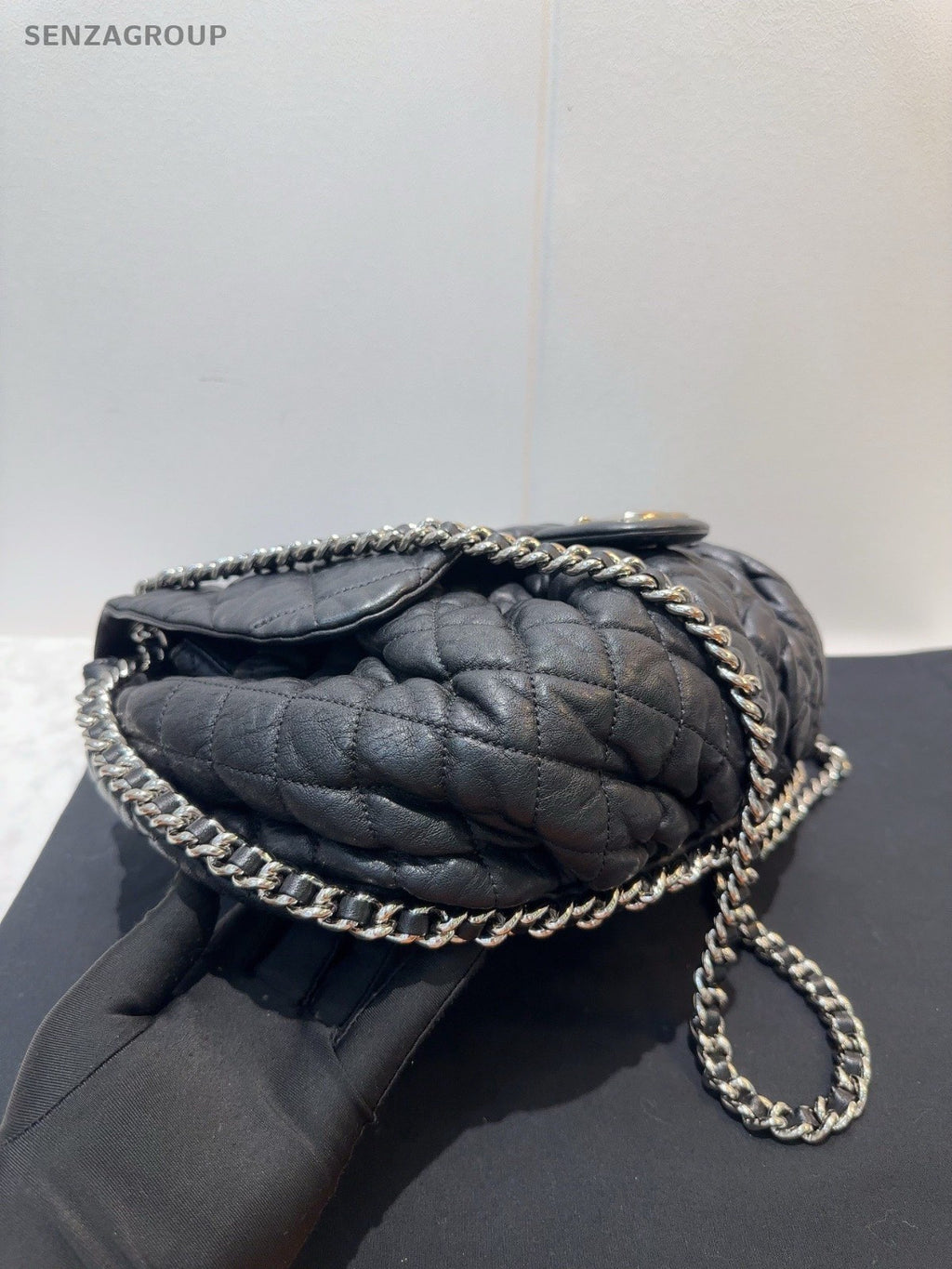 CHANEL Puffer Pumpkin Diamond Pattern Chain Shoulder bag Black Silver Women