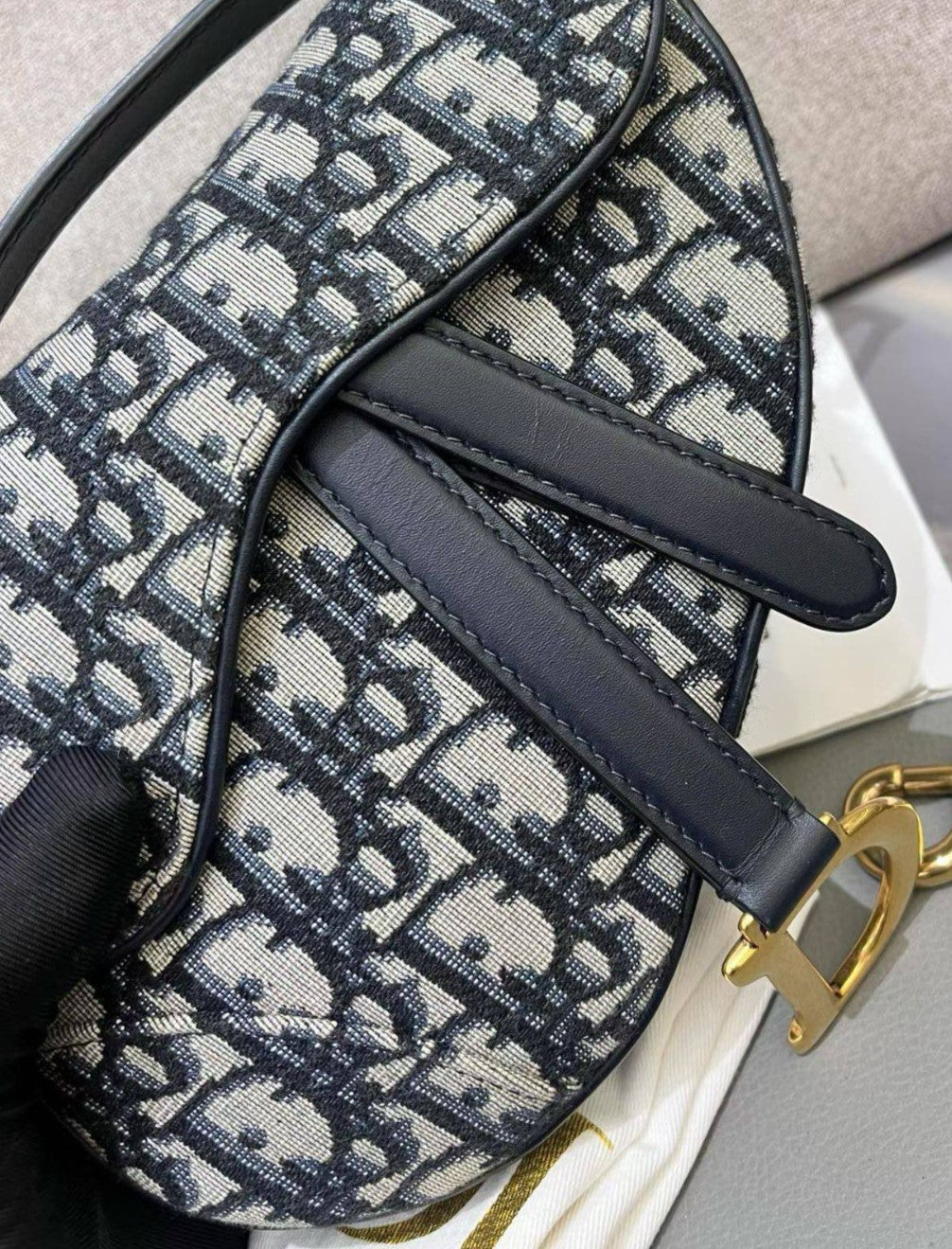 Christian Dior Oblique Saddle PM Shoulder Bag Crossbody Black Gold Women Classic