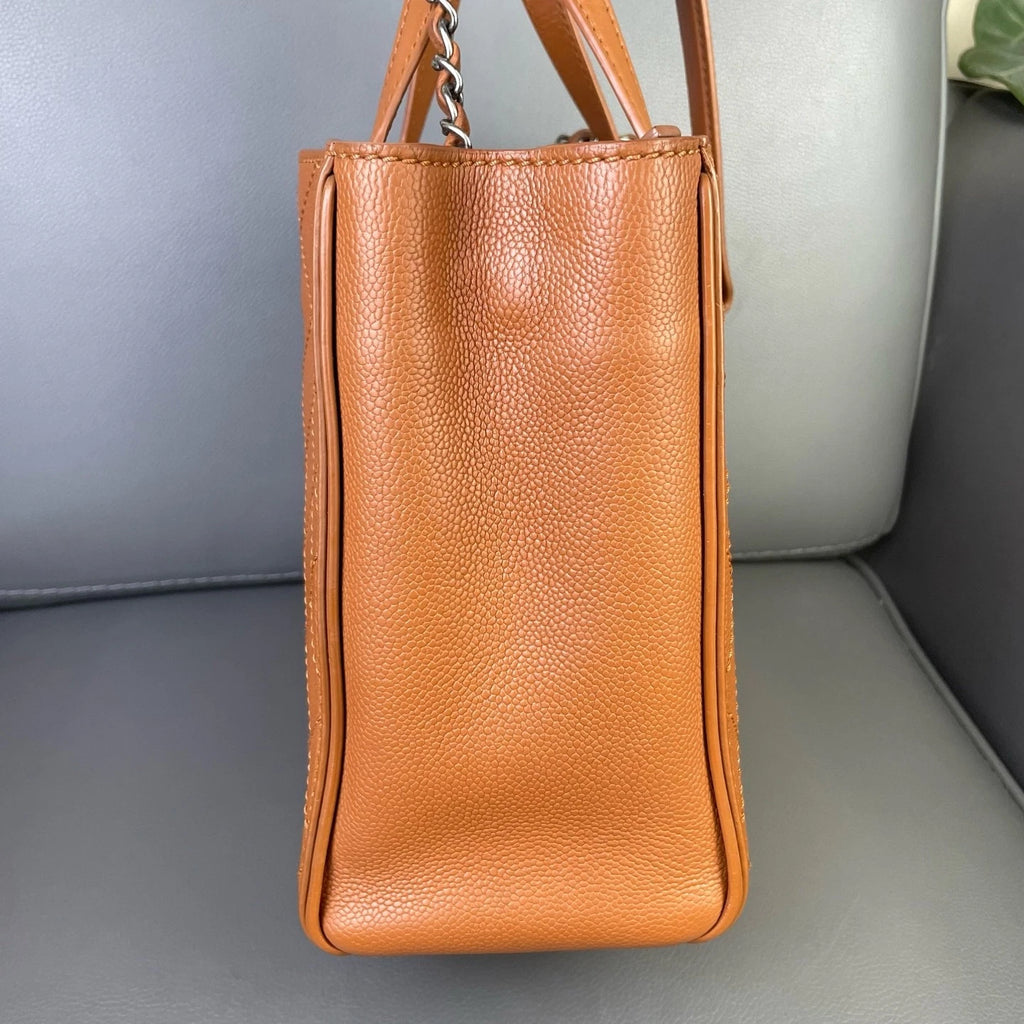 Vintage CHANEL Brown Leather Quilted Logo Tote Bag For Women