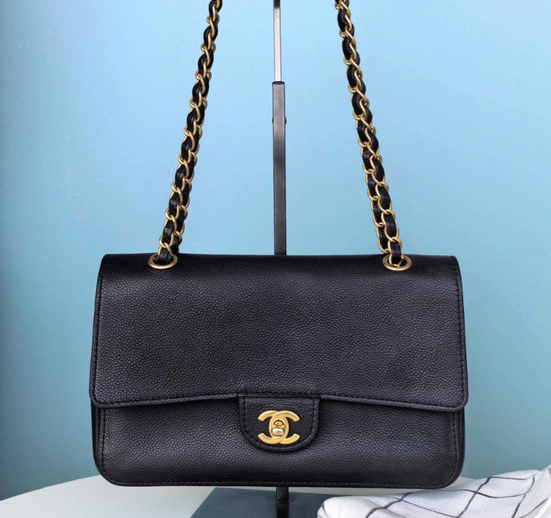 Chanel Classic Flap Chain Calfskin Shoulder Bag Crossbody Black Gold Women