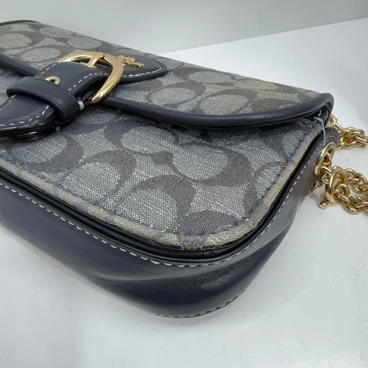 Coach Women's Blue Denim Leather Monogram Saddle Shoulder Crossbody Bag