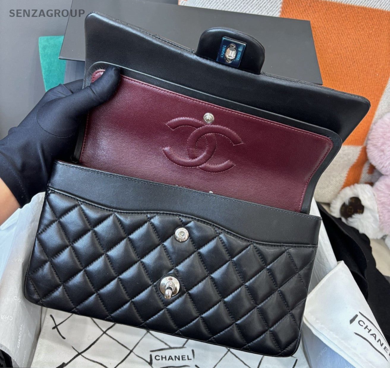 Chanel Classic Flap MM Lambskin Chain Shoulder Bag Crossbody Black Silver Women