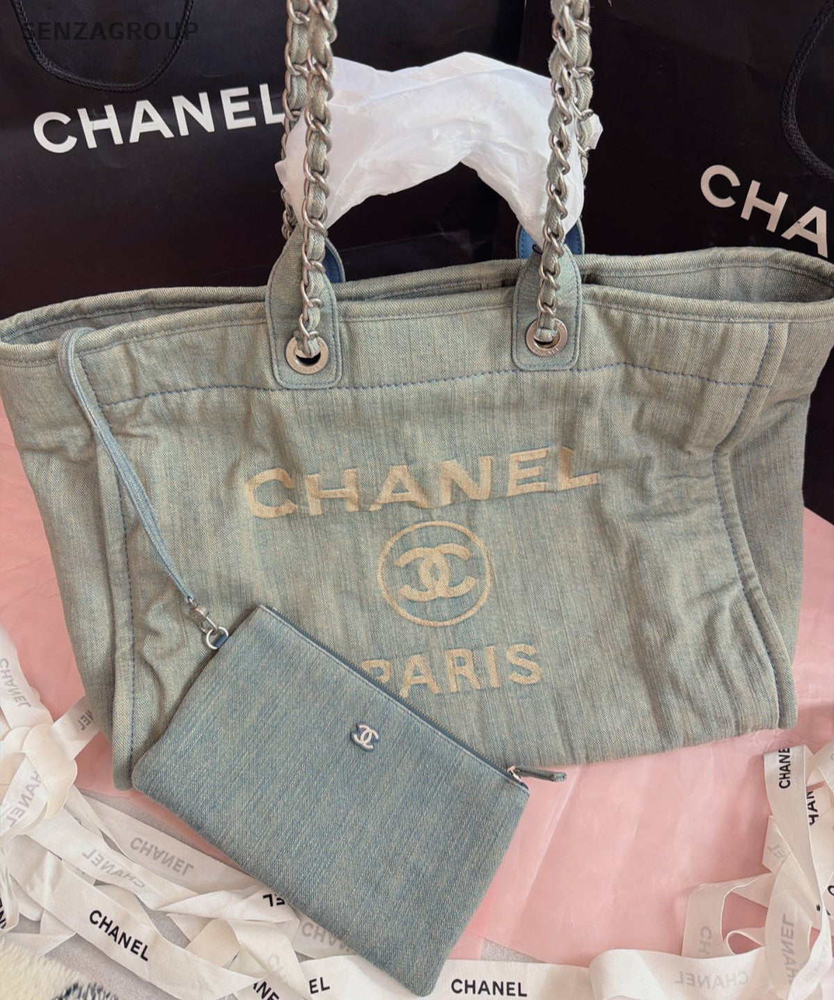 Chanel Denim Chain Beach Bag Shoulder Bag Blue Silver Women Classic Fashion