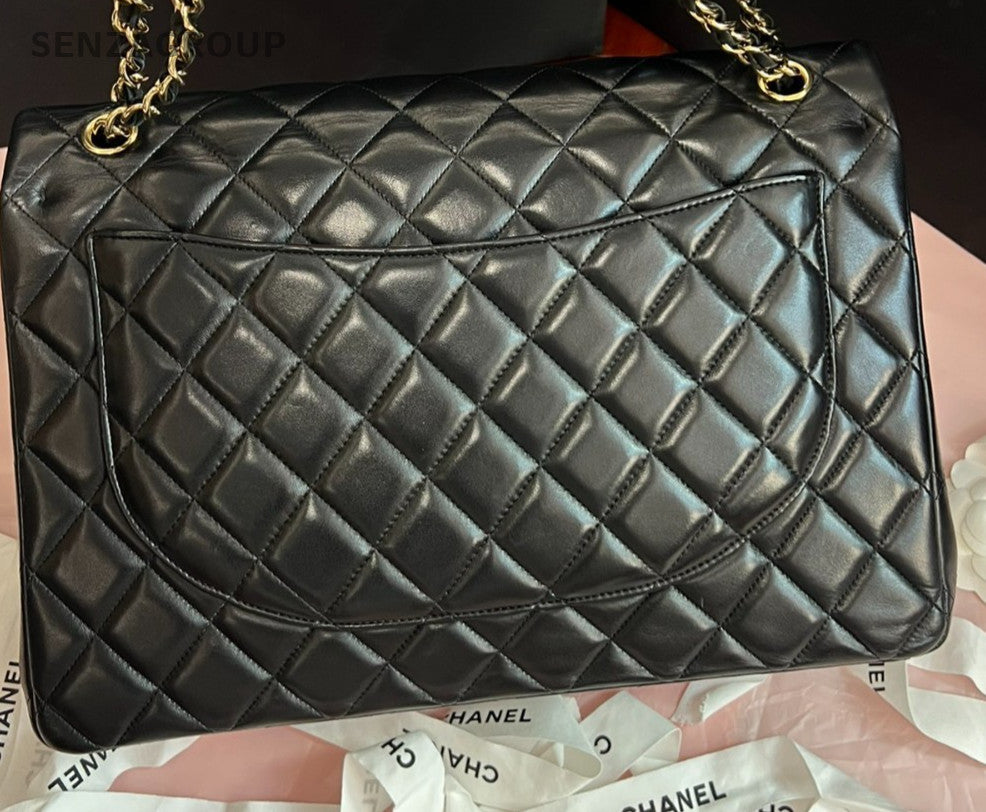 Chanel Classic Flap Maxi Lambskin Chain Shoulder Bag Black Gold Women Designer
